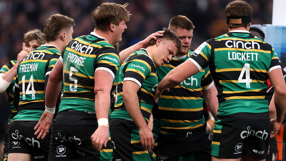 Northampton Saints celebrate scoring a try