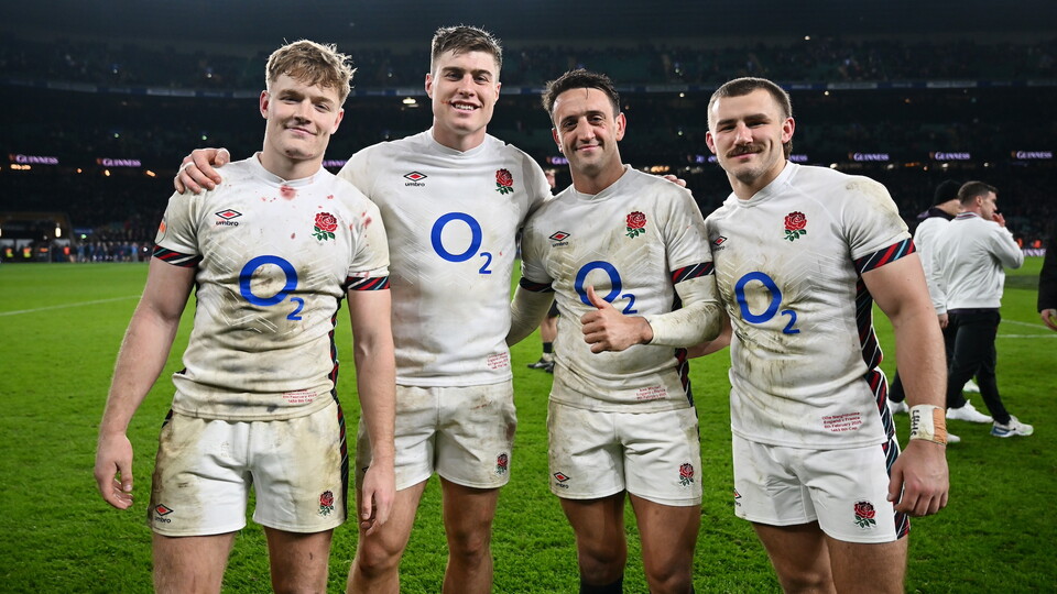 Fin Smith, Tommy Freeman, Alex Mitchell and Ollie Sleightholme of Northampton Saints