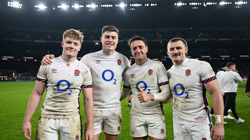 Fin Smith, Tommy Freeman, Alex Mitchell and Ollie Sleightholme of Northampton Saints