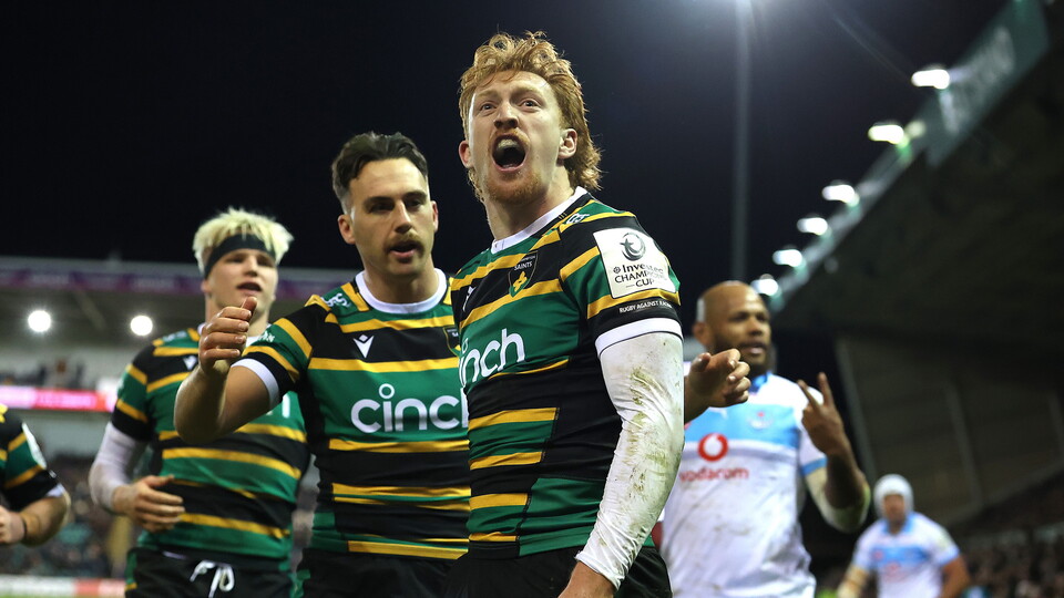George Hendy celebrates for Northampton Saints.