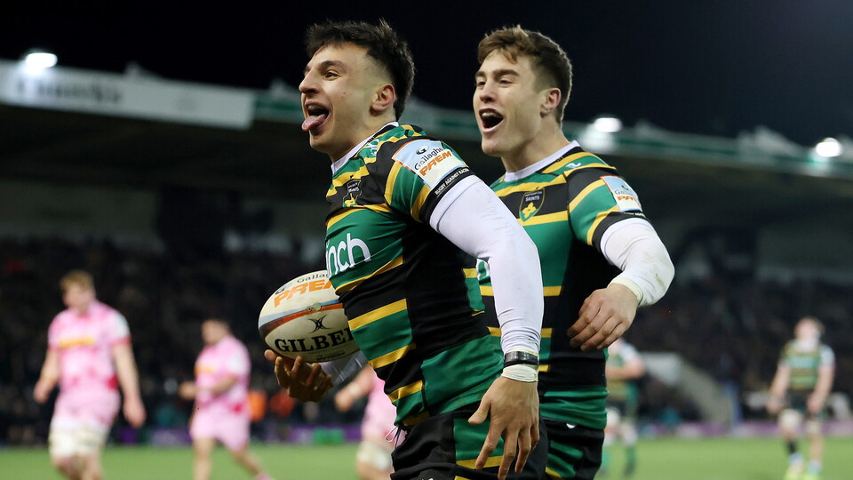 Edoardo Todaro celebrates for Northampton Saints.