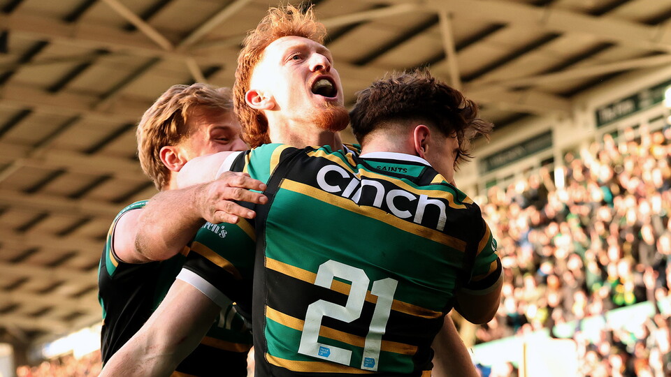 Northampton Saints celebrate scoring a try against Saracens 