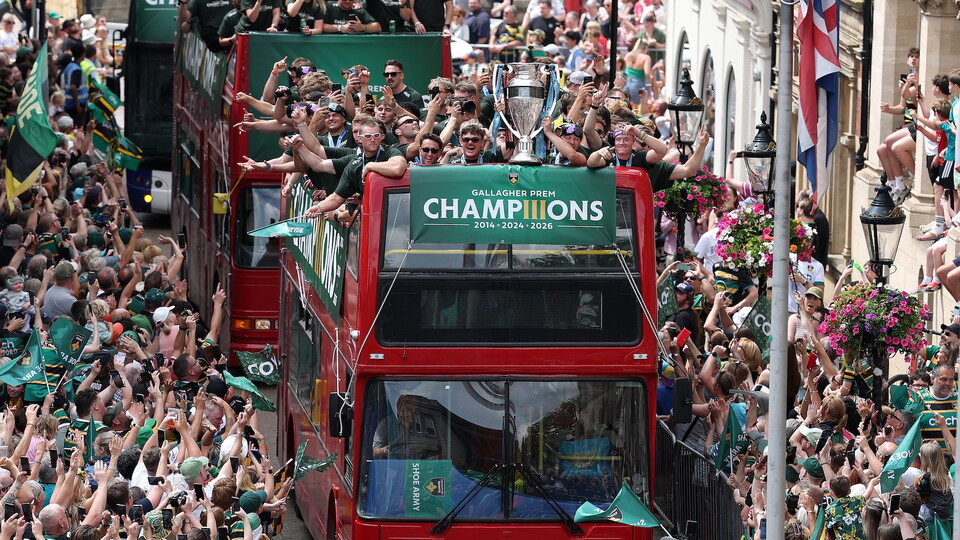 Northampton Saints celebrate with a trophy parade