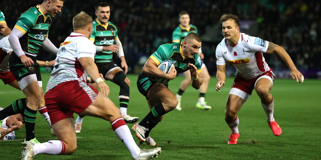 Ollie Sleightholme carrying for Northampton Saints against Harlequins